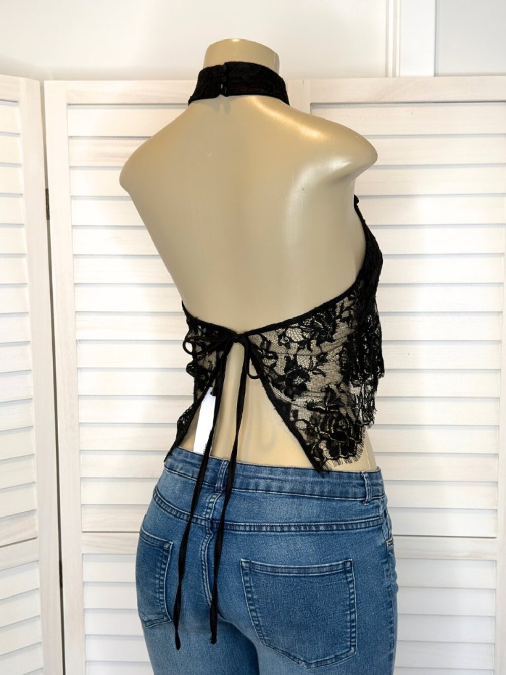 Chocolate USA Black Mandarin Collar Lace Halter Top - Picture 7 of 9